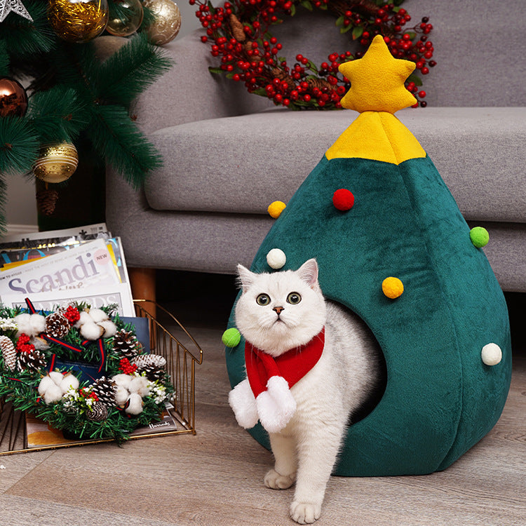 Bring Holiday Cheer to Your Feline Friend with Our Pet Christmas Tree Cat Bed!